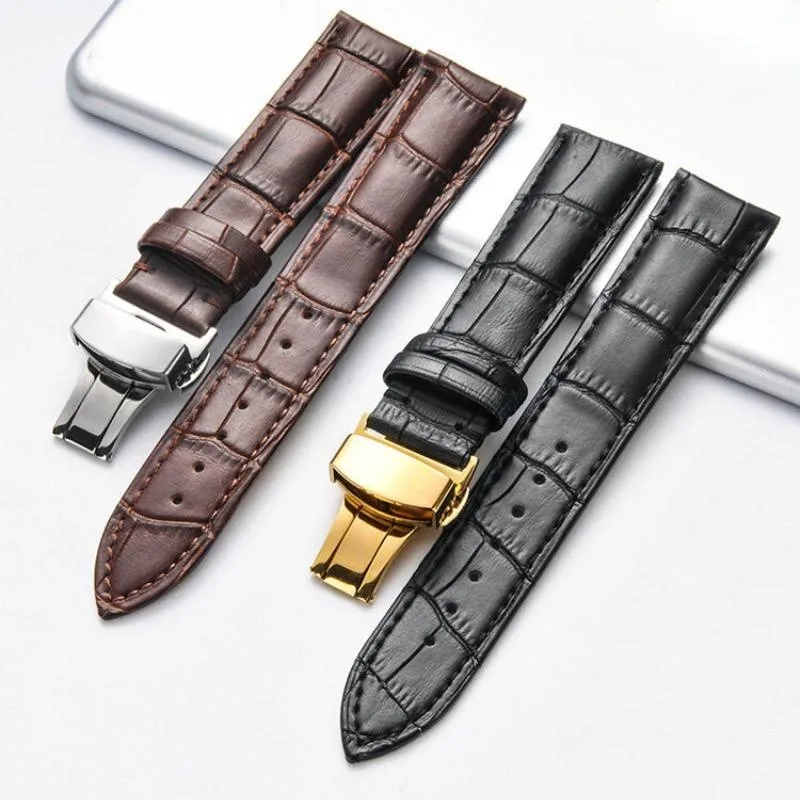 Elegant Leather Watch Band with Double Press Butterfly Clasp