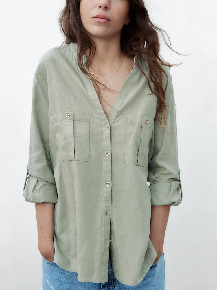 

Ladies Shirts 2023 Front Button Up Casual Faux Linen Shirt With Pockets Long Sleeve Top V Neck Rolled Cuffs Shirt Women Clothing