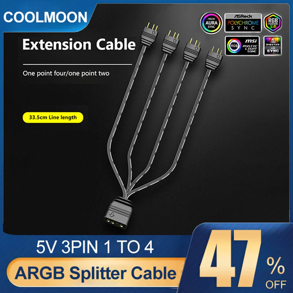 COOLMOON PWM разветвитель вентилятора 5 в 3Pin Удлинительный кабель 30 см от 1 до 2/4 RGB