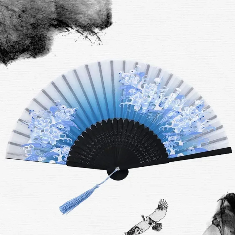 Elegant Silk Vintage Folding Fan with Colorful Tassel - Bamboo Hand Fan for Classical Dance and Home Decor