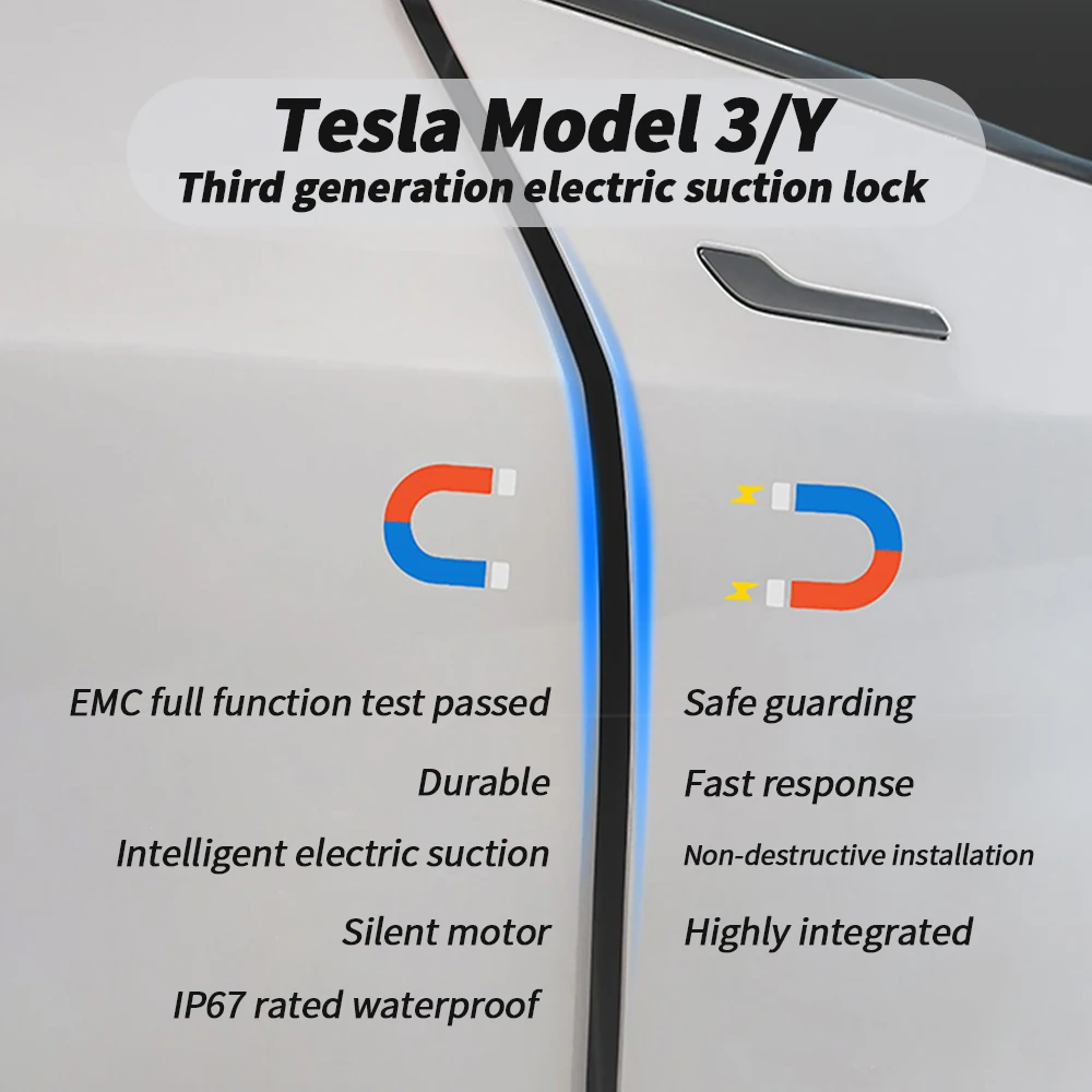 

Умный электрический дверной замок на присоске для Tesla Model 3/Y 2019-2023, закрытие тормоза, мягкое закрытие, автоматическое подключение двери