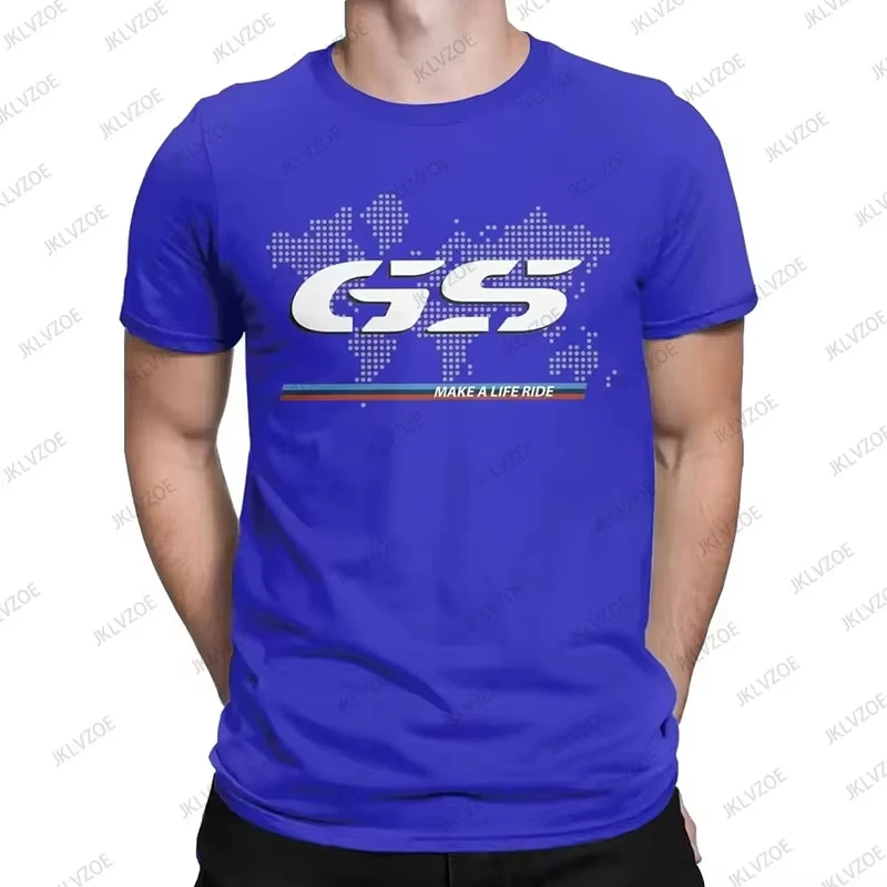 Man wearing BMW R1250GS cotton T-shirt with bold graphic in a hip hop streetwear setting blue