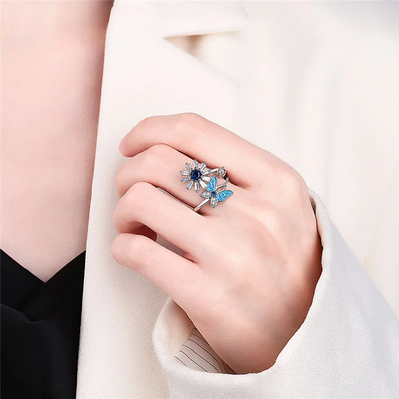 Fidget Spinner Ring Finger Ring Fashion Beads Anxiety Ring Korea Crystal Butterfly Flower Star Moon Ring Anti Stress Jewelry Gift