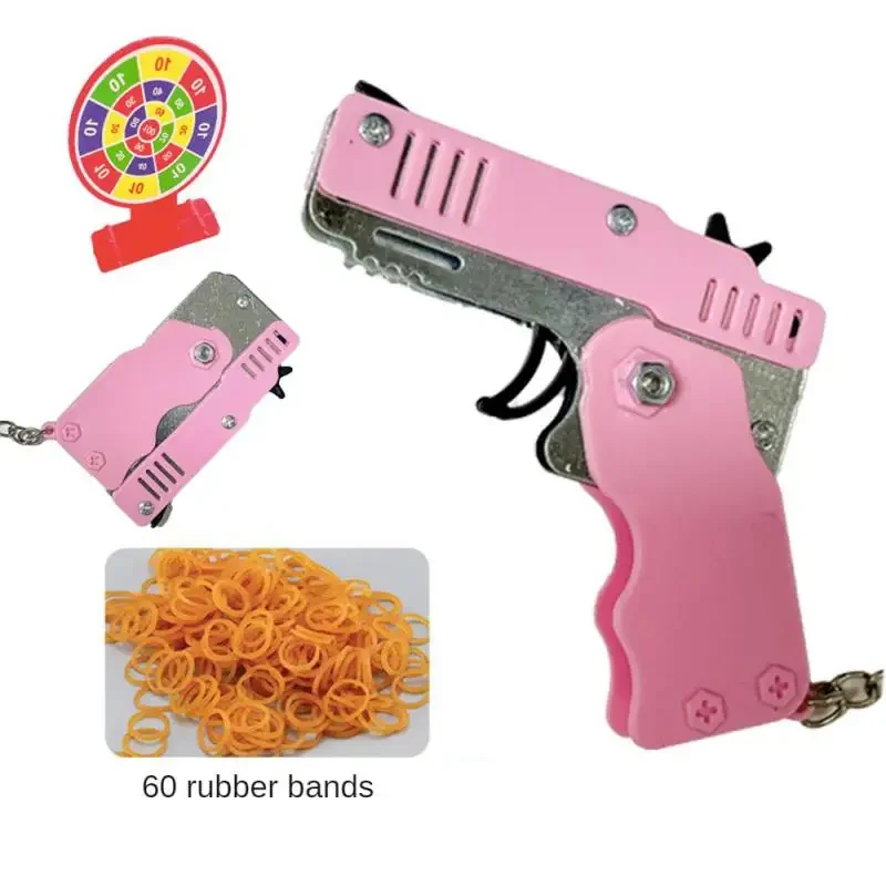 Rubber Band Gun 1Pcs Kids Toy Cool Keychain Mini Metal Folding Shooting Pistol With 60 Elastic