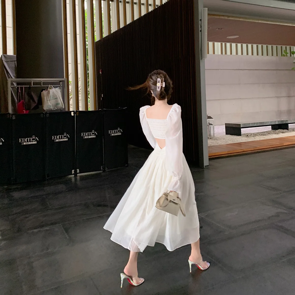 2019 korean long dress Chiffon Dress Korean Dress Design 2019 Korean Women Ruffle Long Sleeve V-Neck High Waist Princess