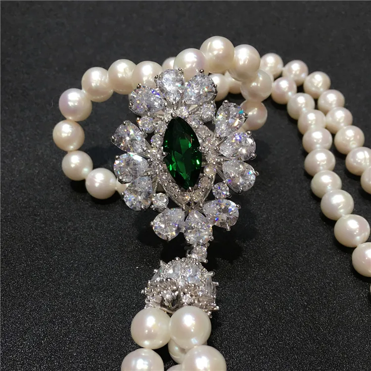 hot sell Natural 8-9mm freshwater pearl white long necklace 25inch Sweater chain tassel Micro inlay zircon clasp jewelry