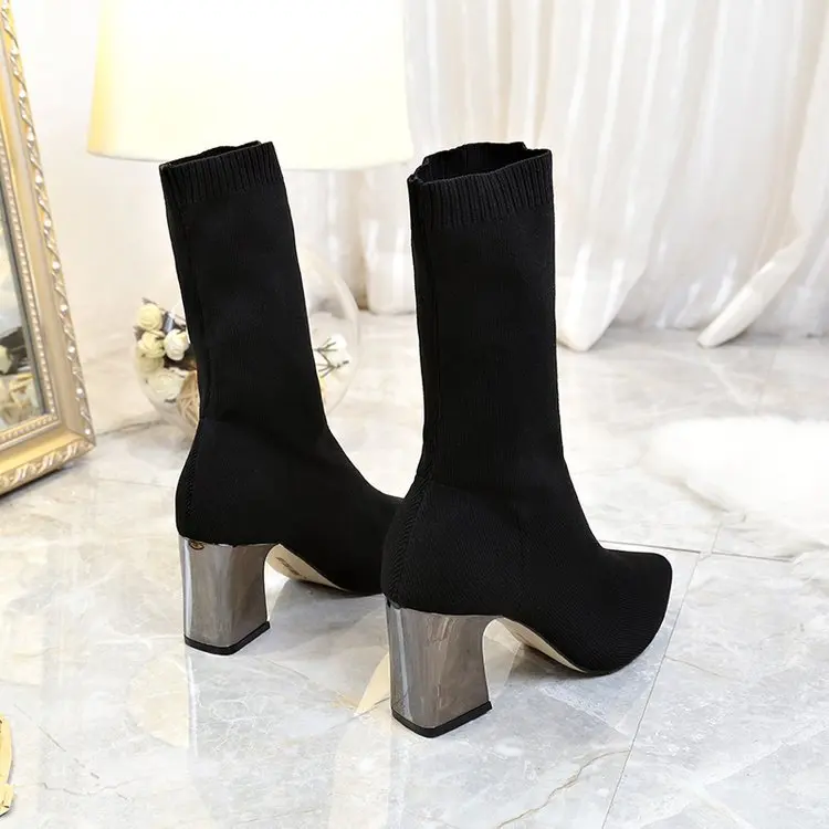Winter High Heel Winter Boots for Women Cross-strap Ankle Boots Ladies Shoes Elastic ankle boots with wool tube Fashion Boots