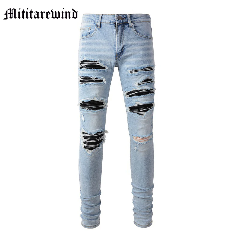 

High Street Jeans Ripped Hole Fashion Men's Denim Slim Pants Y2k Micro Stretch Trousers Y2k Style Youth Clothing Casual Daily