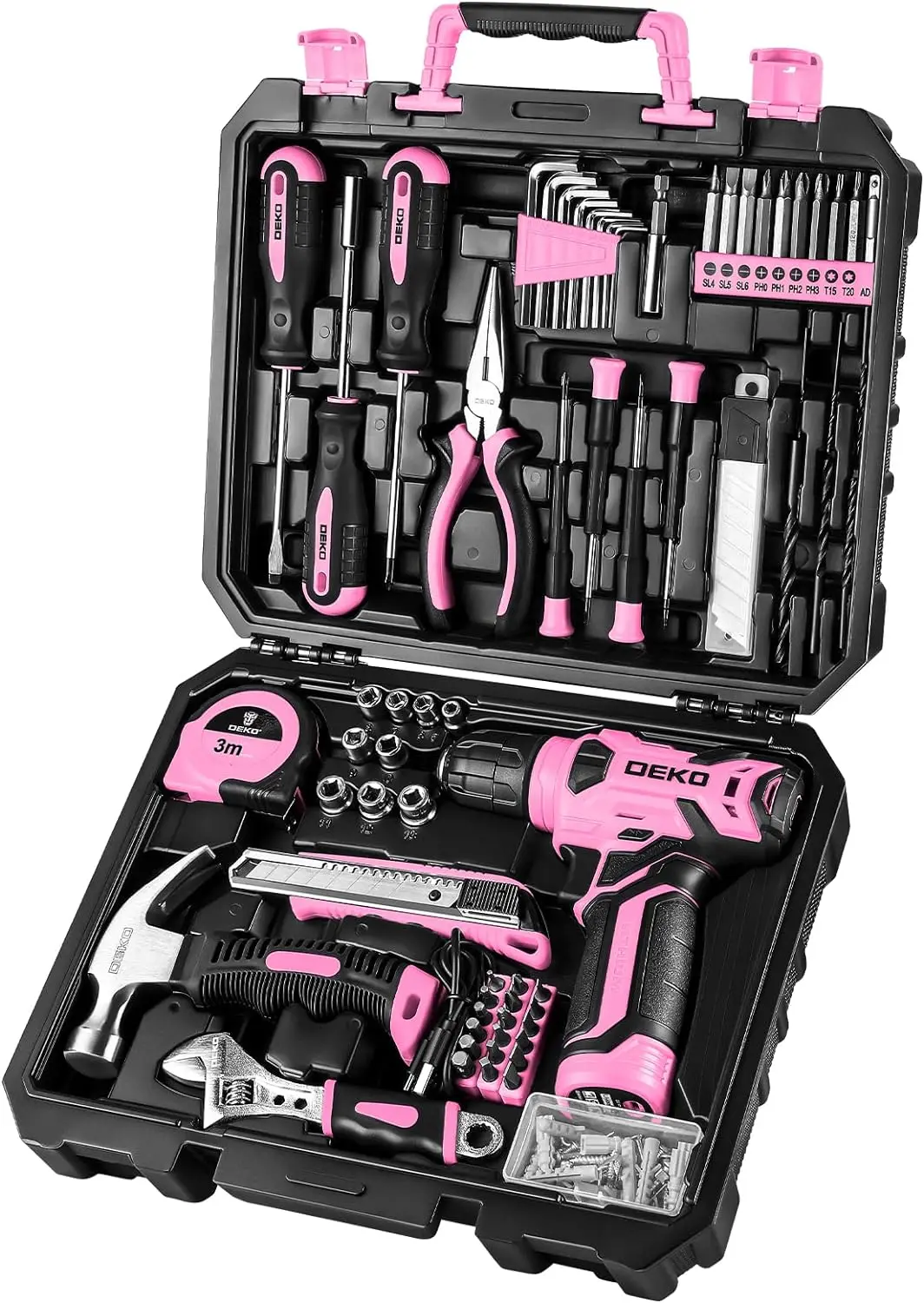 DEKOPRO Drill Set: Tool Set with 8V Pink Cordless Drill Home Tool Kit with Drill, Hand Tool Kits for Women 126 Piece