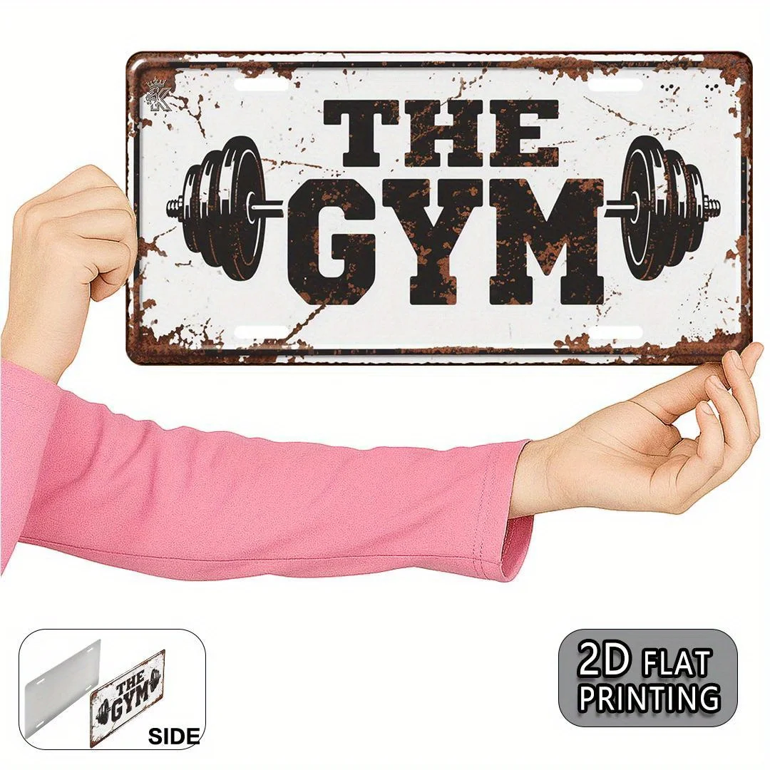 2D 평면, 1개 빈티지 체육관 금속 간판 -15x30cm 알루미늄 벽 장식, 'THE GYM' 텍스트 및 바벨 디자인, 러스틱 홈 짐