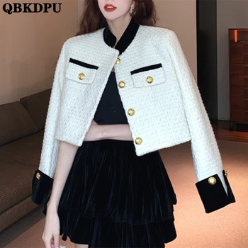 용수철 여성용 짧은 패치워크 트위드 재킷, 싱글 브레스트 스트리트웨어, 카사코스 패션, 빈티지 스탠드 칼라, 2023 신상 코트
