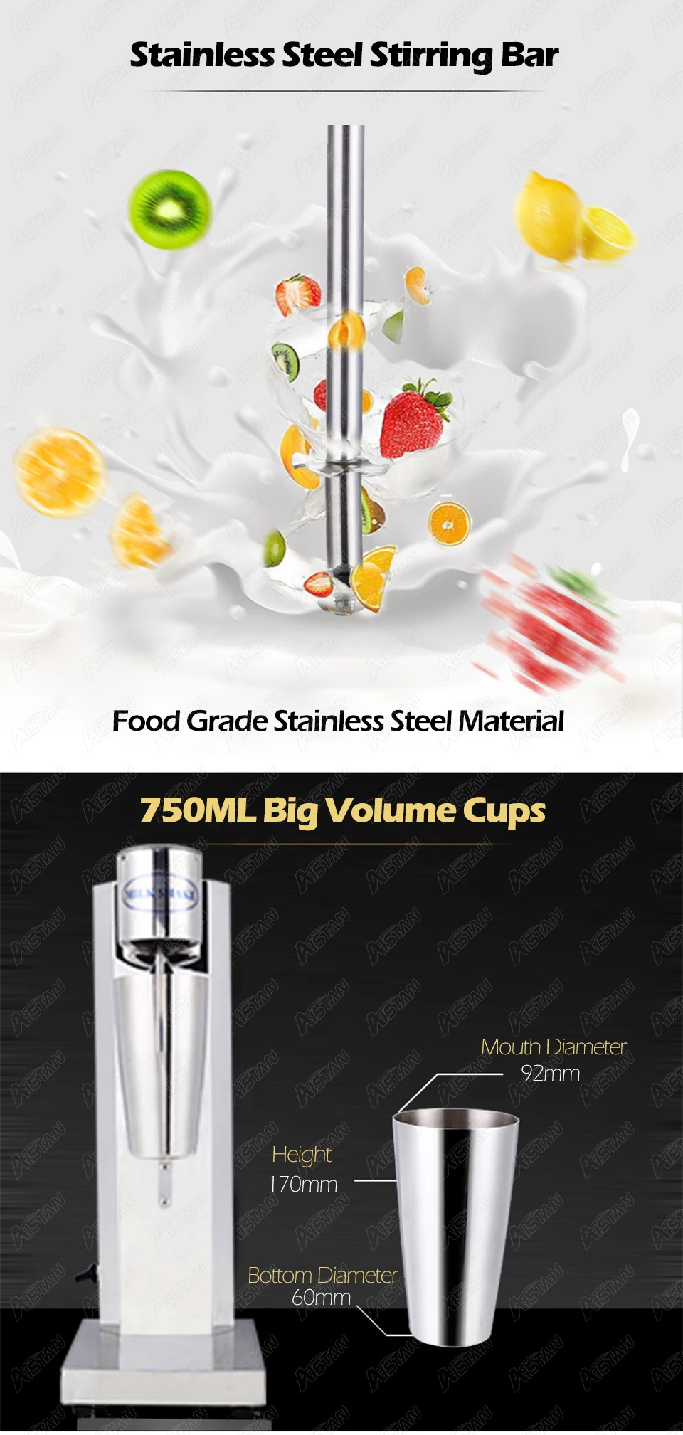 Denest Milk Shaking Machine Electric Milk Shaker Single Head Mixer Stainless Steel with 2 Cups, Silver