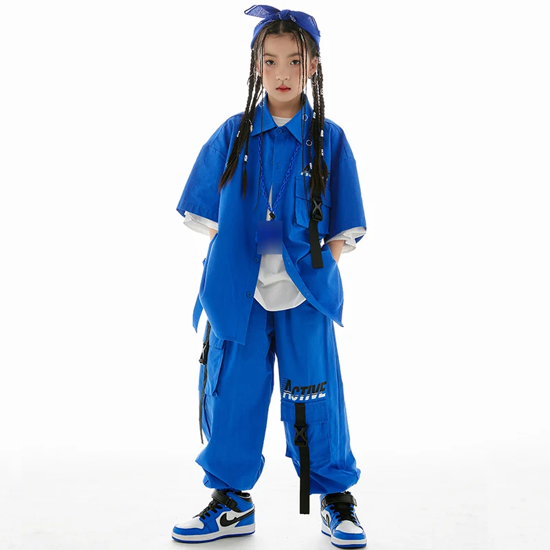 Kids Hip Hop Clothing Blue Loose Short Sleeves Shirt Coat Pants Boys Drum Street Dance Outfit Girls Jazz performance Suit L10894