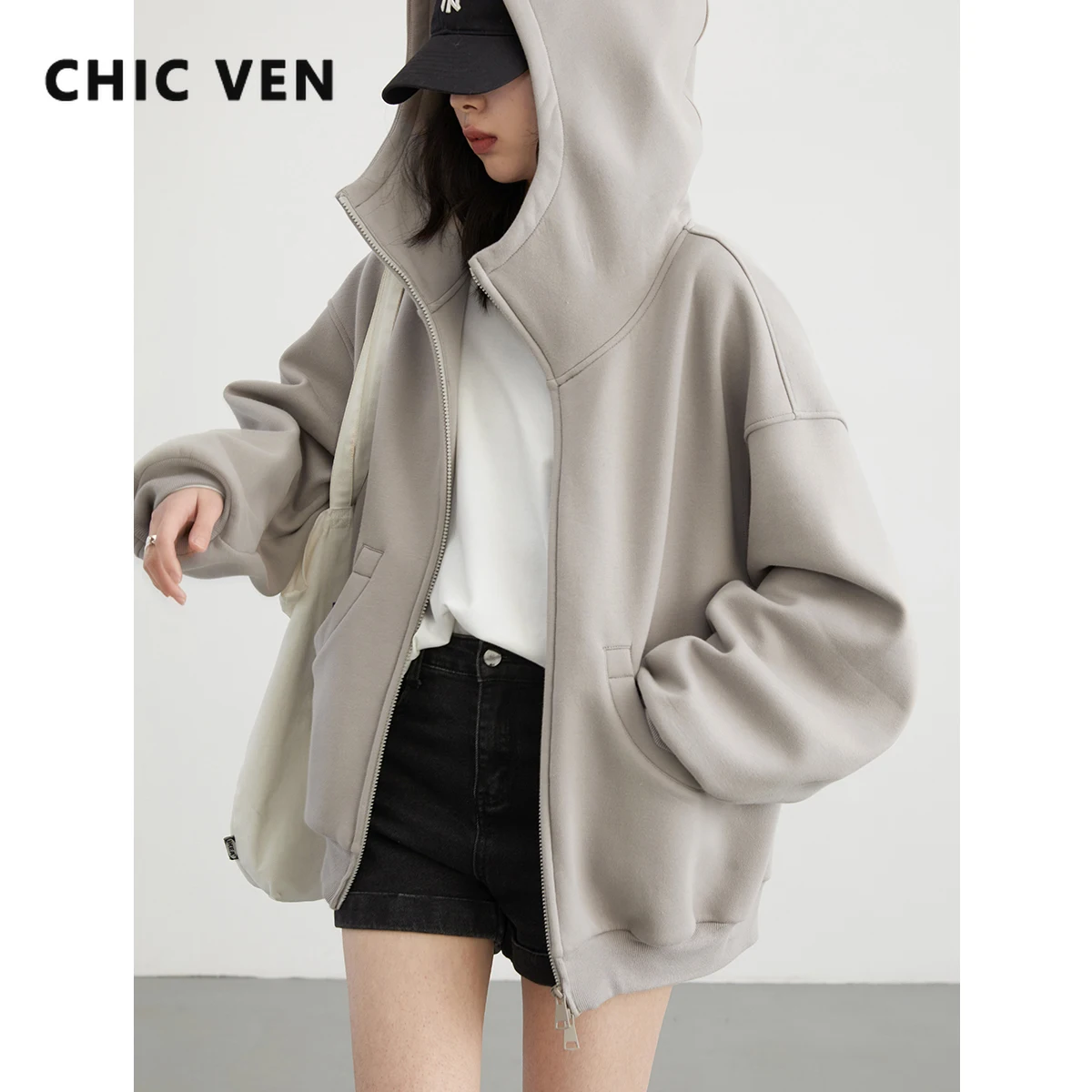 CHIC VEN 여성용 루즈 캐주얼 후드 긴팔 스웨터, 플러시 스웨터, 더블 지퍼 오버사이즈 코트, 용수철 가을, 2024