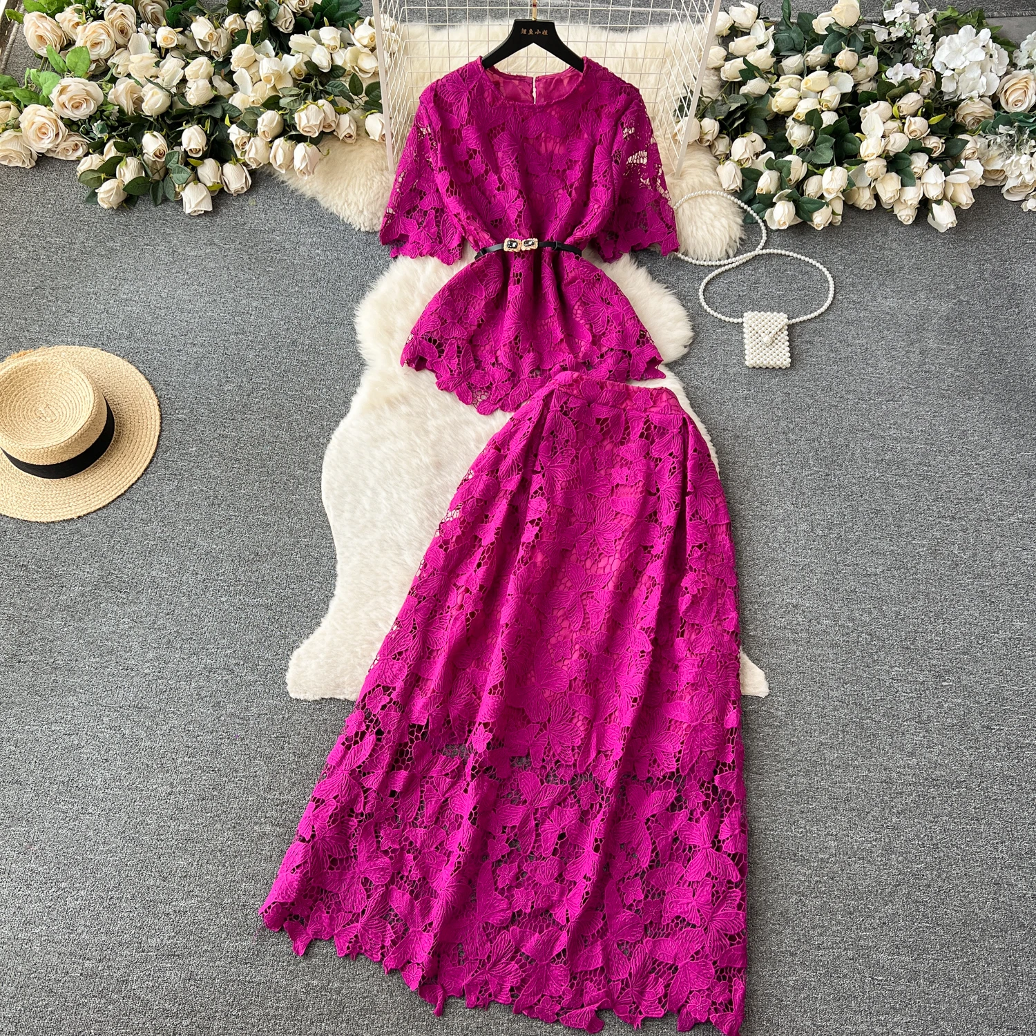 

Женский шикарный кружевной комплект из двух предметов, рубашка с круглым вырезом и коротким рукавом, элегантная юбка-трапеция официанта, шифоновые модные летние комплекты