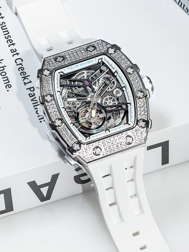 TSAR BOMBA Watches for Men Diamond Automatic Watches Luxury Mens Mechanical Watch White Wristwatch Waterproof Skeleton Clock 2