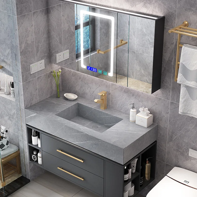 

Intelligent rock panel integrated solid wood bathroom cabinet, modern and simple bathroom washbasin combination cabinet, washbas