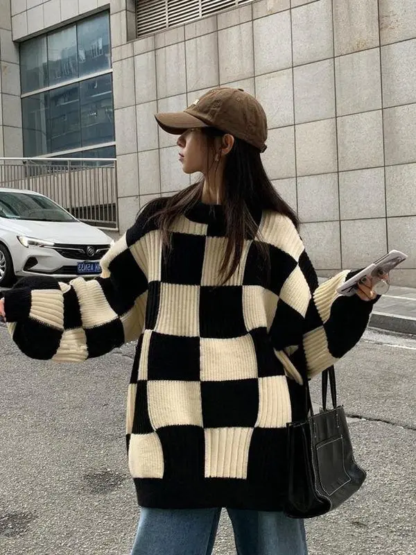 

Fashion Checkerboard Knitted Sweater Autumn Women Casual Warm Loose Long Sleeve Top Korean Female Streetwear Ripped Jumper D147