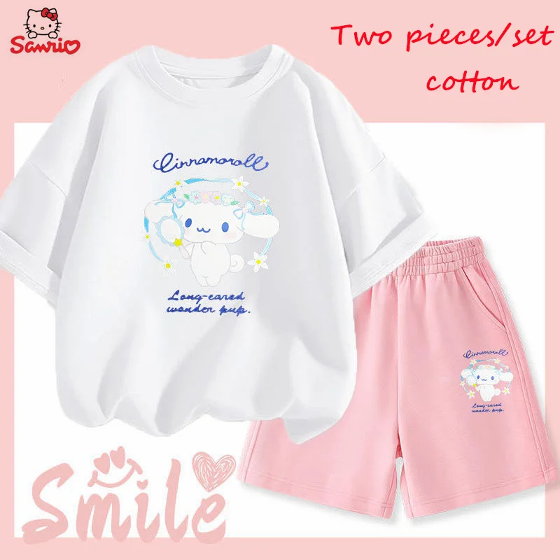 2024 New Sanrio Children Summer T-Shirt Set Kawaii Kuromi Cinnamoroll Mymelody Cute Cartoon Kids Tide Short-Sleeved Shorts
