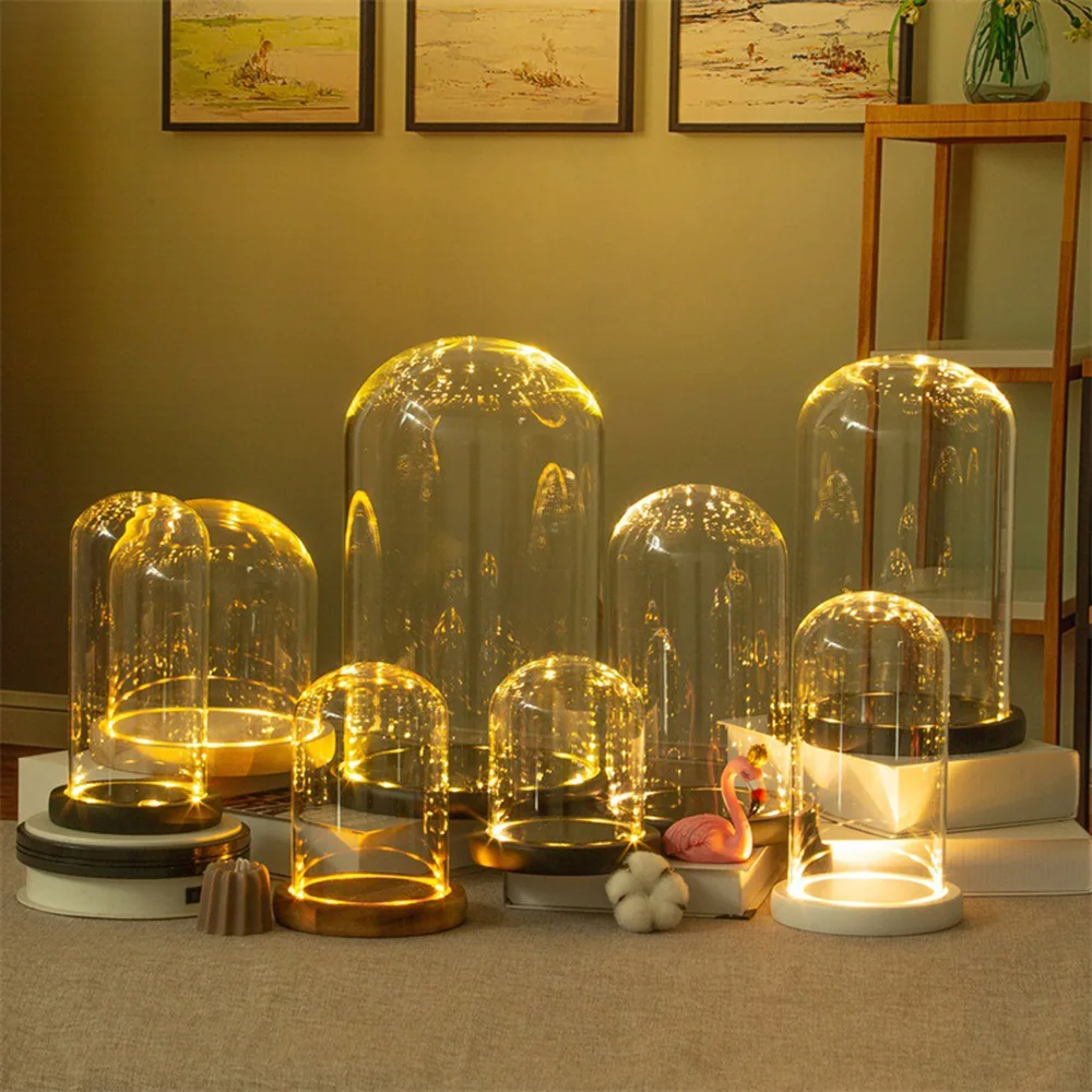 Glass Flower Cover Cloche Bell Jar Dome Wooden Base DIY Everlasting Flower Glass Cover Desktop Ornaments Vases Container Holder 3