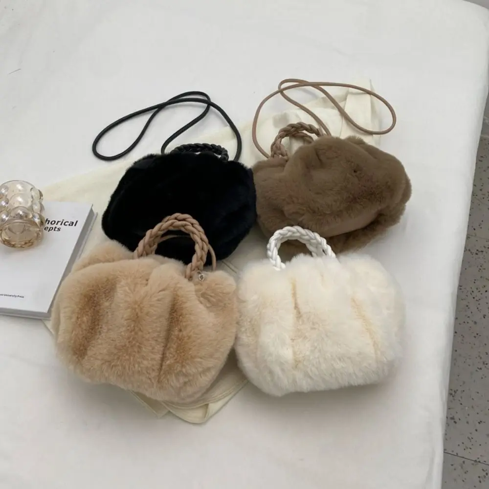 

Korean Style Plush Cloud Crossbody Bag PU Woven Handle Solid Color Faux Rabbit Fur Handbag Niche Design Tote Bag Small Phone Bag