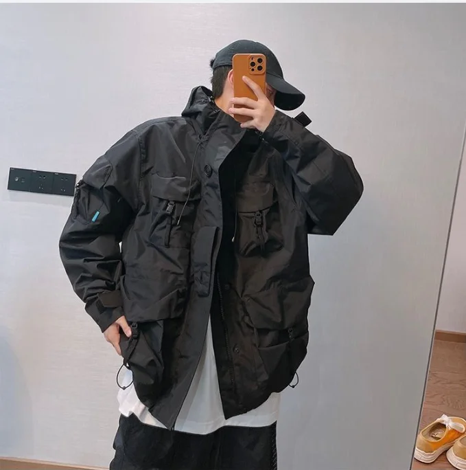 Autumn Winter Retro Multi-pocket Waterproof Jacket American Tooling Windproof Hooded Jackets Male Clothes