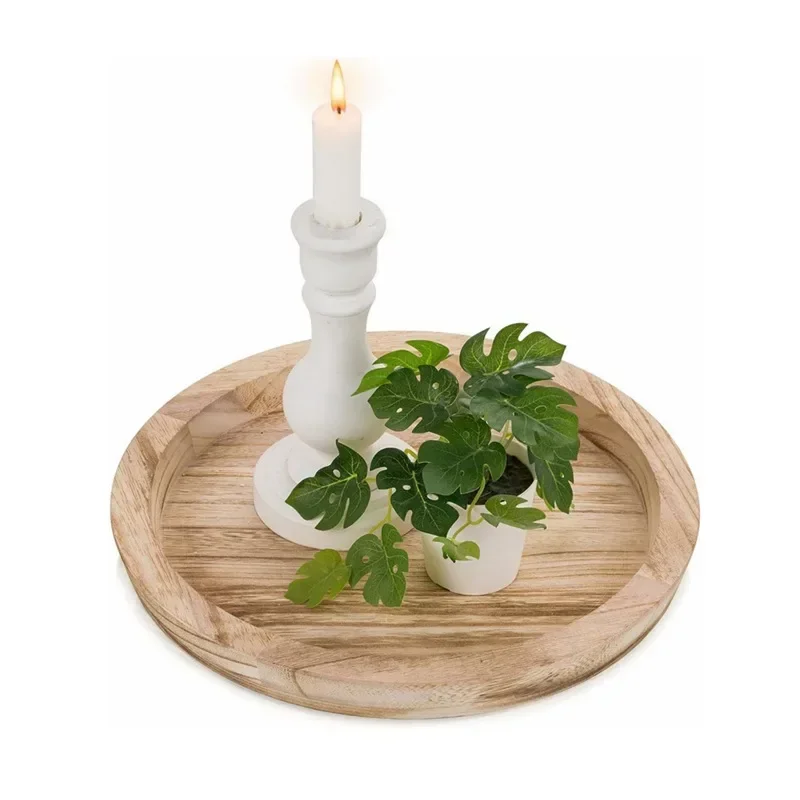 Decorative Wooden Serving Tray Rustic Round Wood Plate Vintage Centerpiece Candle Holder Tray Kitchen Countertop Ottoman