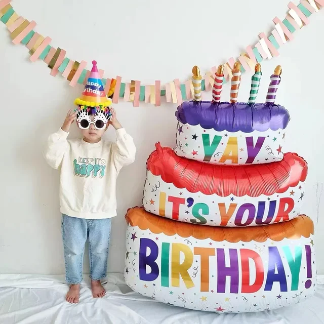 Grands ballons en aluminium de bougie de gâteau d'anniversaire à 3 couches avec des rayures et des pois, accessoires Photo de décoration de fête 2