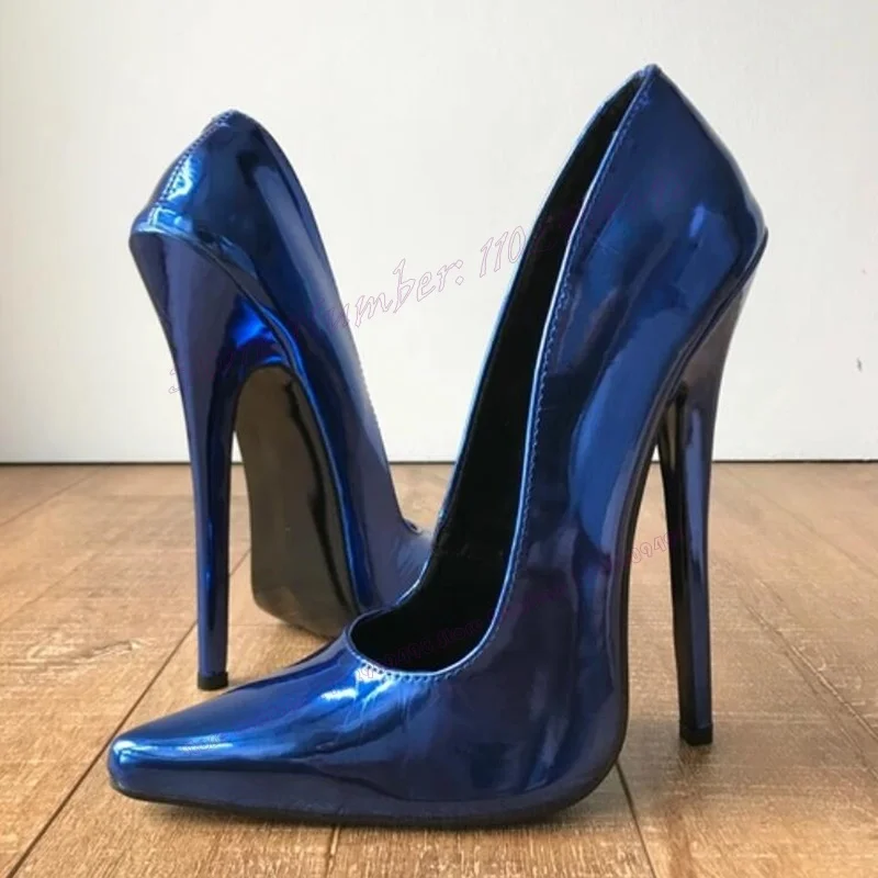 

Blue Extreme High Heels Shallow Pumps Pointed Toe Shoes for Women Patent Leather Thin Heels Sexy Shoes 2023 Zapatos Para Mujere