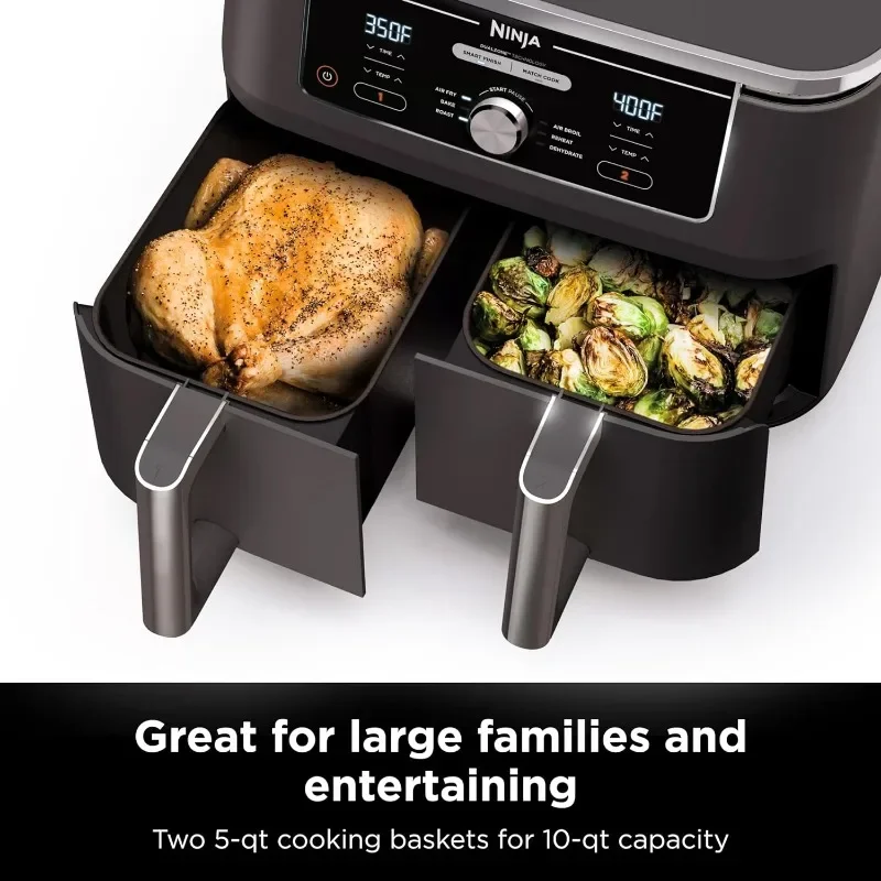 Ninja DZ401 Foodi 10 Quart 6-in-1 DualZone XL 2-Basket Air Fryer w 2 Independent Frying Baskets, Match Cook & Smart Finish, Grey 2