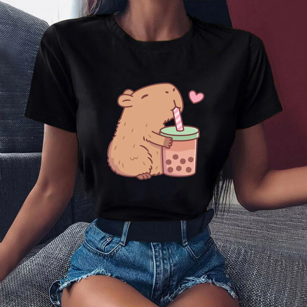 Capybara Love Boba Cartoon Print T Shirt Girls Funny Summer Fashion Tshirt Women Yellow/Gray/Pink/White/Black T-Shirt Female