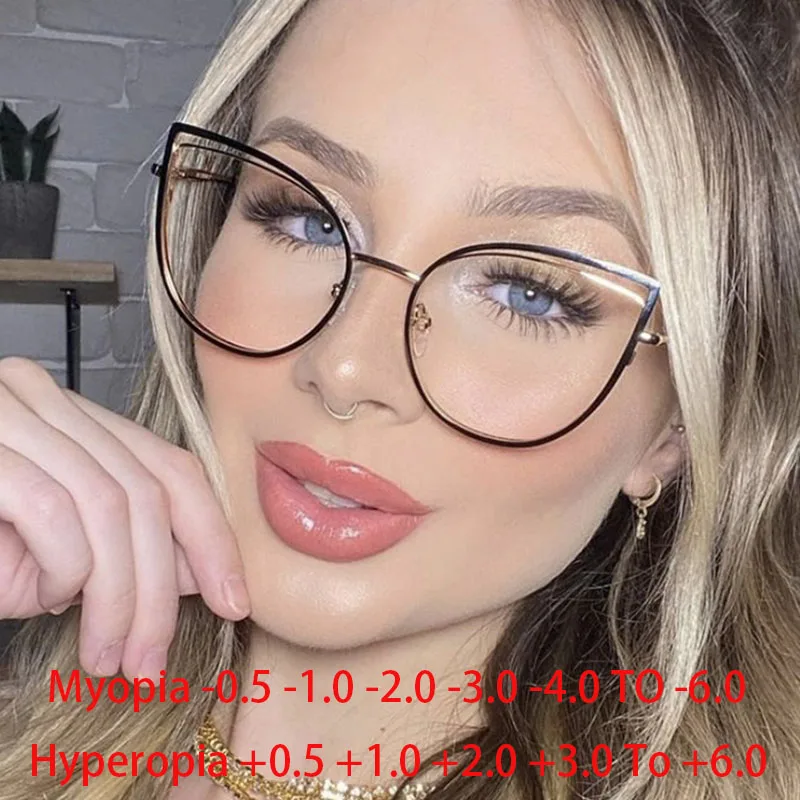 Cutout Cat Eye Metal Frame Clear Glasses Fashion Myopia Nerd Spectacles  -0.5 -1.0 -2.0 -3.0 -4.0 to -6.0 2