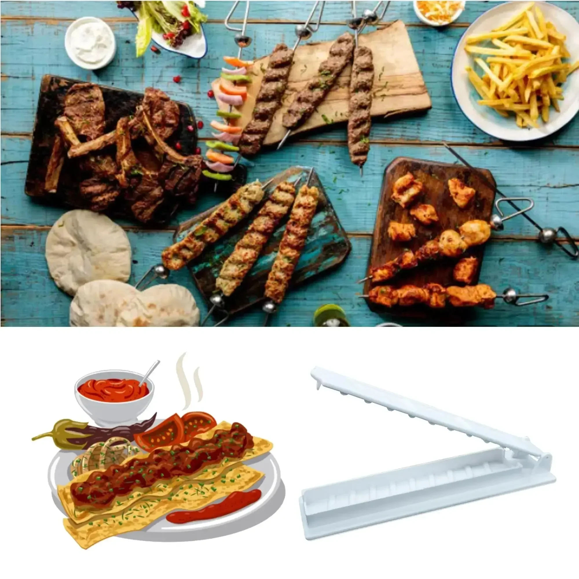 Kebab Maker BBQ Meat Skewer Barbecue Skewer Mold Reusable Turkish Kabob for Summer Outdoor Barbecue Preparation Kitchen Grill