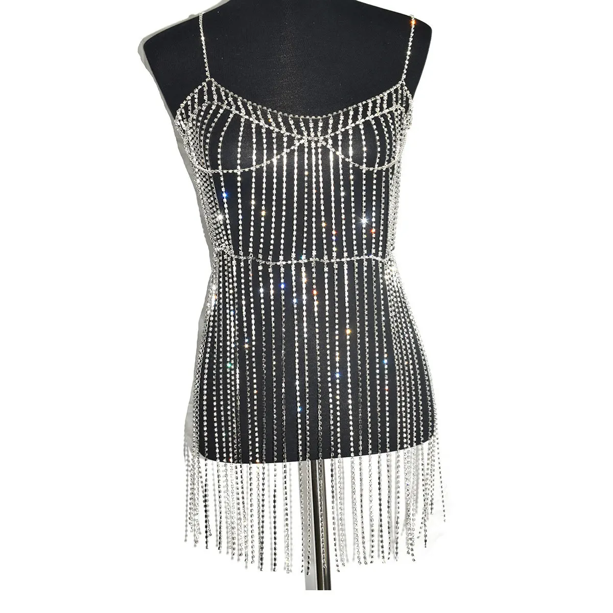 Handmade Luxury Rhinestone Backless Chain Tassel Dress Body Chain Sexy Club Dresses Women Girls Bikini Party Dress