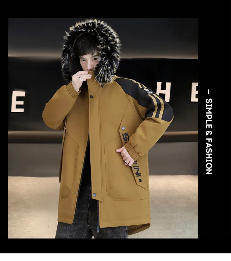Casual Winter männer Warme Fleece Mit Kapuze Jacken Streetwear Mid-Länge Verdicken Plüsch Mäntel Lose Windjacke Pelz Kragen Top parkas – Detail 12