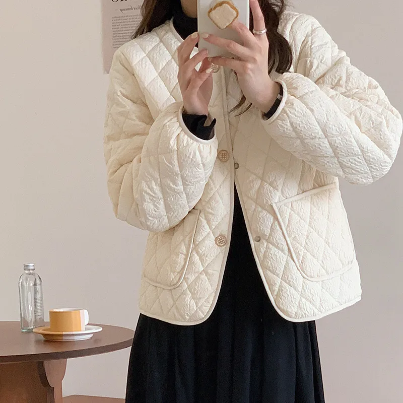 

Korean Winter Cotton-Padded White Jacket Women Vintage Long Sleeve Single-breasted Short Coat Autumn Elegant Black Overcoat New