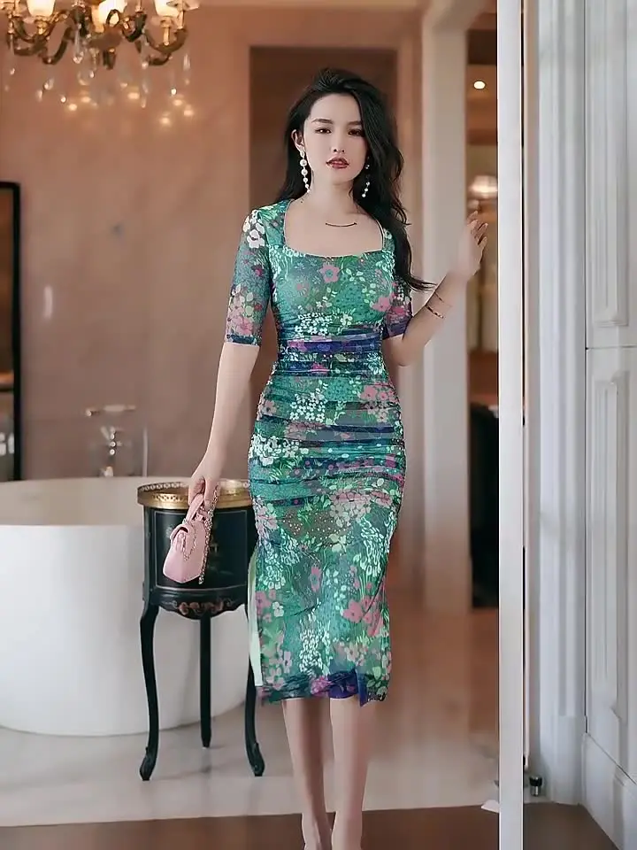 Fashion French Elegant Women Dress Mesh Vintage Floral
