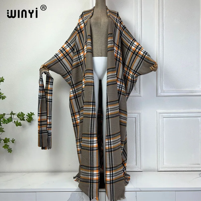 

WINYI 2024 kimono maxi dress caftan for women Cardigan Plaid print party cloak dress holiday kimono fashion abaya long down coat