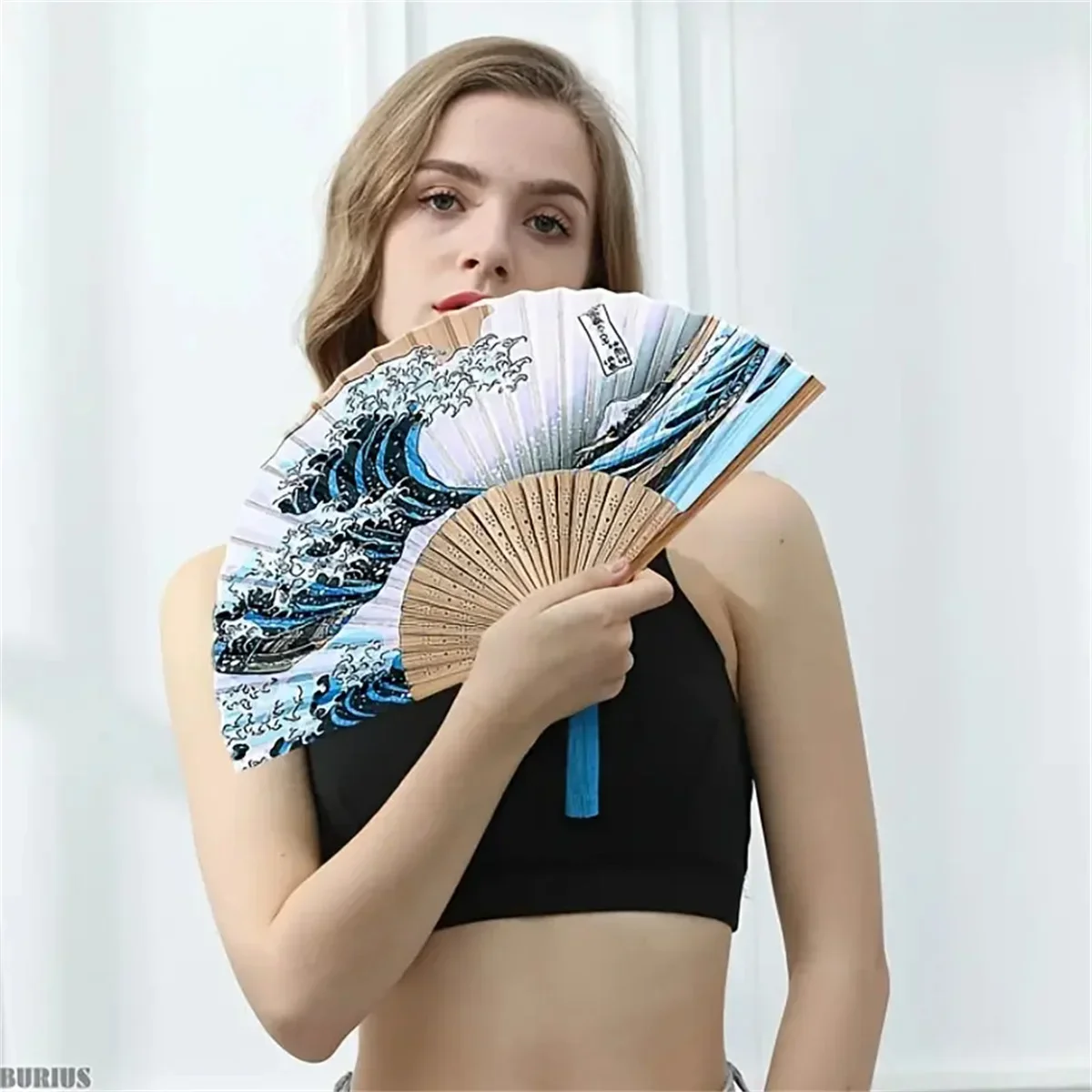 1pc, Japanese Folding Fan Handmade Decorative Kanagawa Wave Foldable Fan thumbnail 5