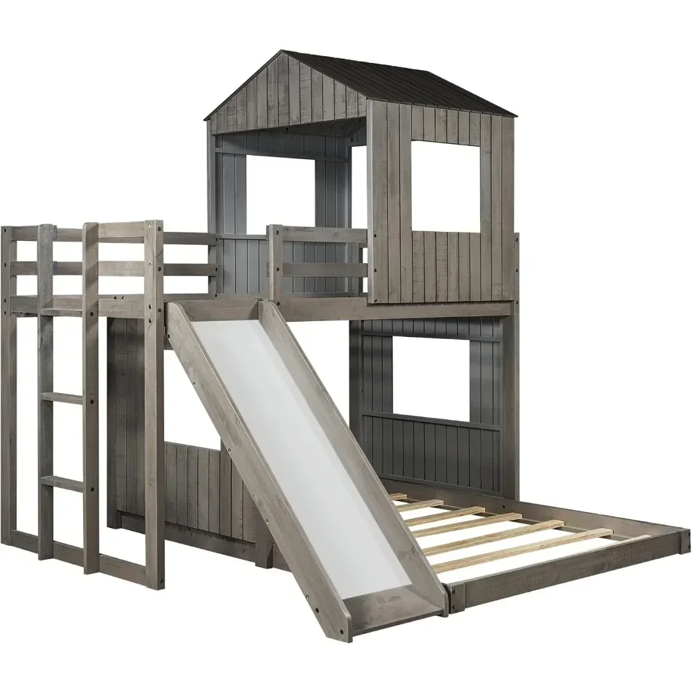 House Bunk Beds Twin Over Full Size, Wood Bunk Beds with Roof and Window Distressed Grey, Twin Over Full with Slide 6