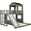 House Bunk Beds Twin Over Full Size, Wood Bunk Beds with Roof and Window Distressed Grey, Twin Over Full with Slide 6