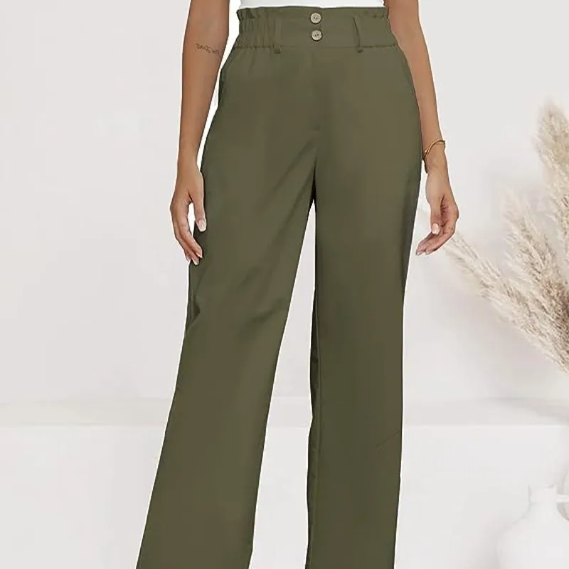 2023 Autumn Women's Elastic Waist Solid Button Pocket Patchwork Elastic Ruffles Loose Office Lady Elegant Fashion Casual Pants