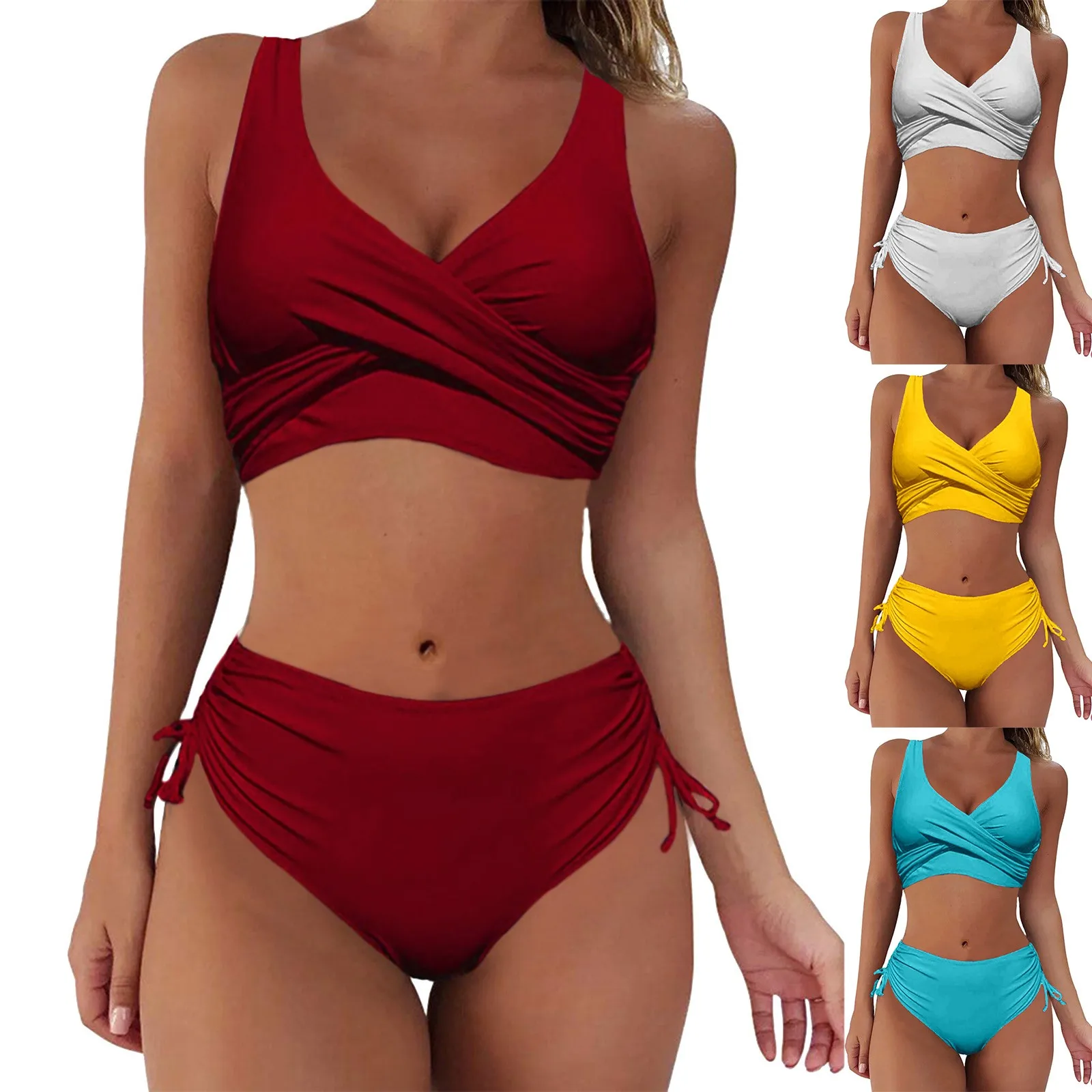 

2023 Woman New Bikini Split Twist Wrap Lace Up Hollow Out Solid Color Swimsuits For Women Two Piece Swim Shorts Swimwear Femme