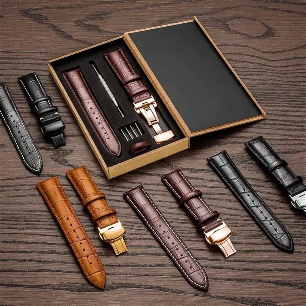 

18mm 20mm 22mm 24mm Calf Genuine Leather Watch Band Men Women Butterfly Buckle Strap Bracelet Watchband Accessories with box