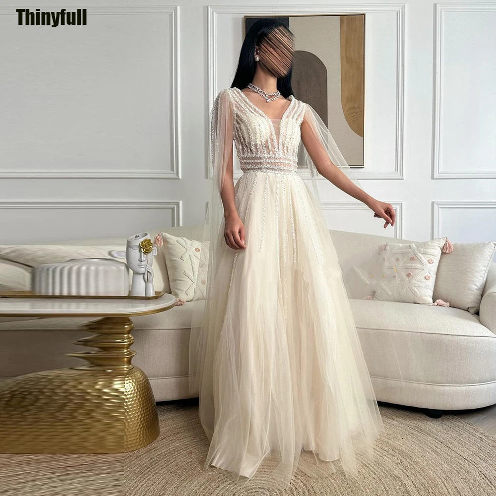 

Thinyfull A-line Prom Dresses V-neck Sequined Saudi Arabia Evening Party Gown Tulle Formal Occasion Dress Robe De Soirée