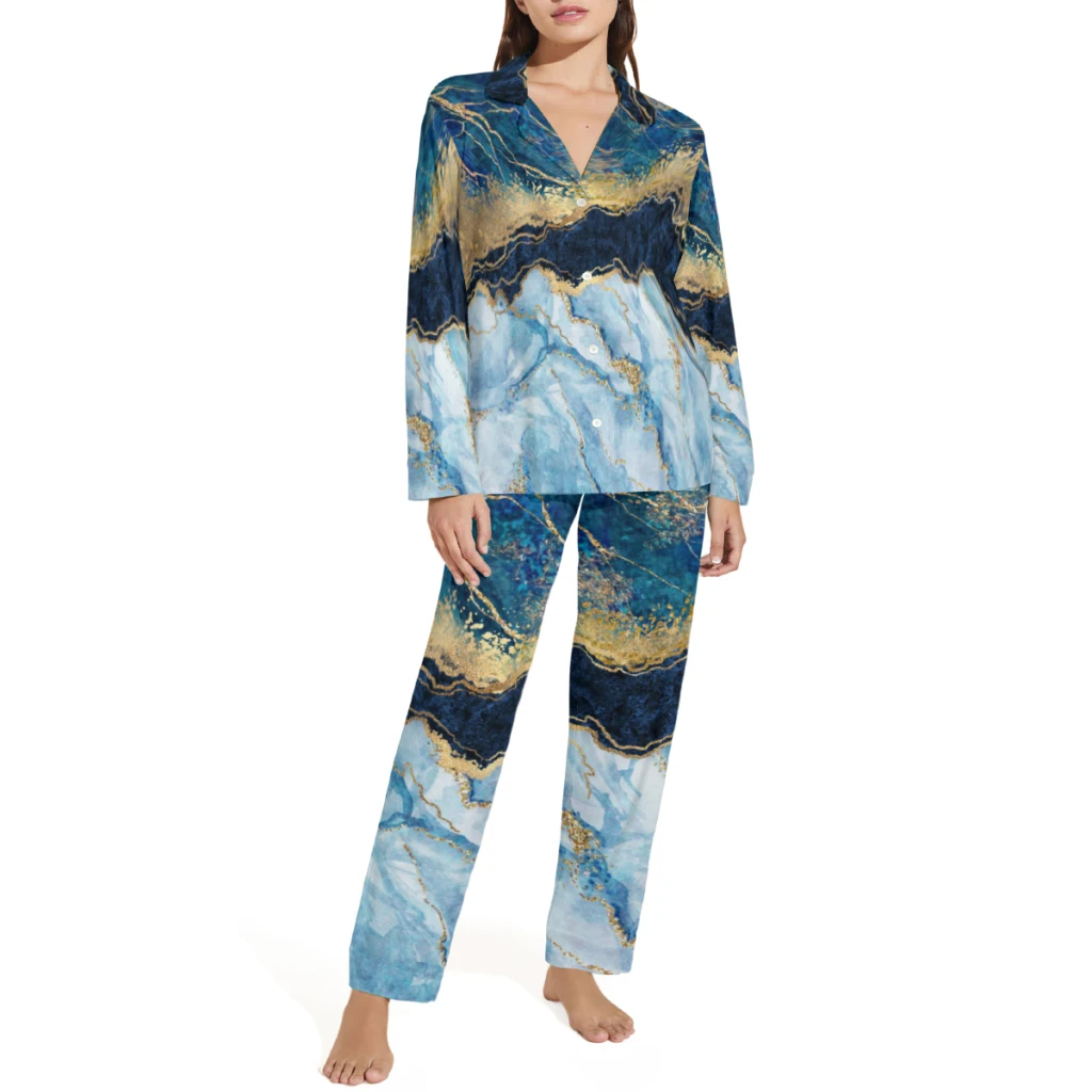

Abstract Blue Marble Printed Sleepwear Set Long-Sleeve New Pajama Sets For Sleeping Winter