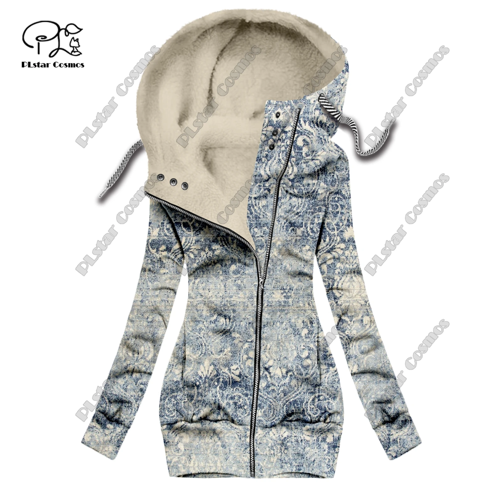 New 3D printing retro series carpet print pattern plus velvet warm women's long zipper hoodie jacket commuting casual winter F12