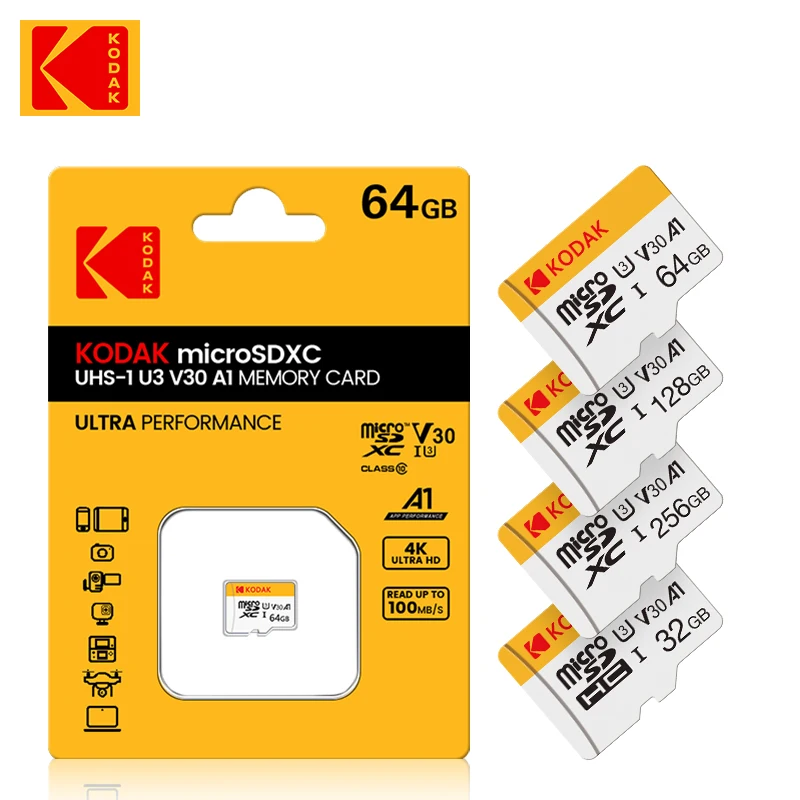 코닥 고속 마이크로 SD 카드 선물 어댑터, 64GB U3 A1 V30 클래스 10 메모리 카드
