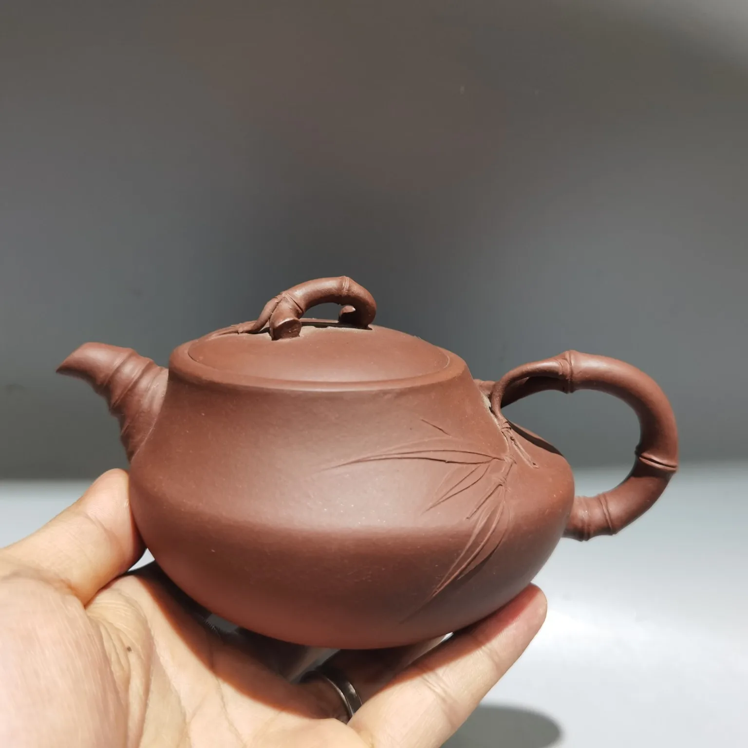 

6"Chinese Yixing Purple Clay Pot Bafang Pot lettering Bamboo Bamboo Rhyme Pot Teapot purple Mud Ornaments Gather fortune