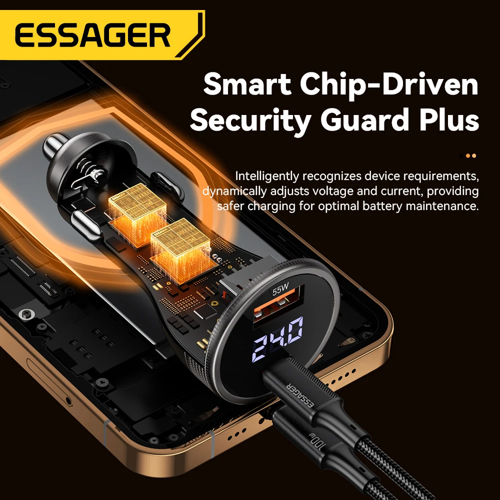 Essager 100W USB C Car Charger PD3.0 Fast Charging Quick Charge 4.0 Adapter for iPhone 16 MacBook Xiaomi Laptop Digital Dispaly